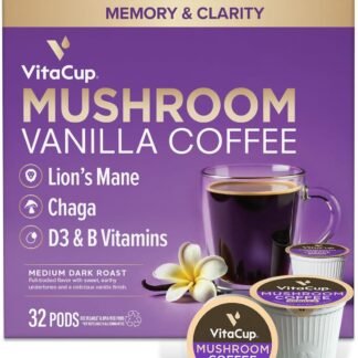 VitaCup Focus Mushroom Coffee Pods, Vanilla Flavored Coffee with Chaga, Lion’s Mane, Vitamins, Medium Dark Roast Arabica Beans, Recyclable Single Serve Pods Compatible with...