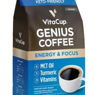 VitaCup Genius Ground Keto Coffee w/Turmeric, MCT Oil, B Vitamins, D3, Ground Coffee Medium Dark Roast, Bold & Smooth, 100% Arabica Coffee Grounds, 11 oz