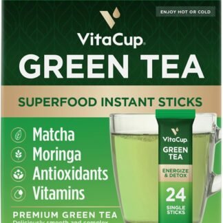 VitaCup Green Tea Instant Packets, Enhance Energy & Detox with Matcha, Moringa, B Vitamins, D3, Fiber, Keto, Paleo, Vegan in Tea Powder Single Serving Sticks, 24 Ct