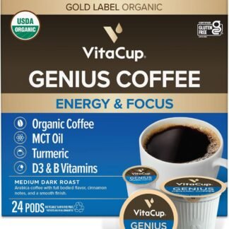 VitaCup Organic Genius Keto Coffee Pods, Increase Energy & Focus w/MCT Oil, Turmeric, B Vitamins, D3, Medium Dark Roast, Bold, Smooth, Single Serve Pod Compatible w/Keurig K-Cup...