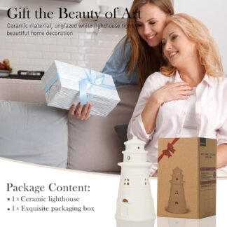 White Ceramic Lighthouse Statue Lamp - Light House Book Shelf Decor Aesthetic,Beach Themed Room Decor,Nautical Coastal Ocean Decoration for Home Bedroom Bathroom Living Room