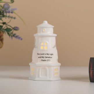 White Ceramic Lighthouse with Bible Verses - Psalm 27:1 Christian Light House Decor Statue Lamp, Faith Based Baptism Encouragement Spiritual Religious Gifts for Women