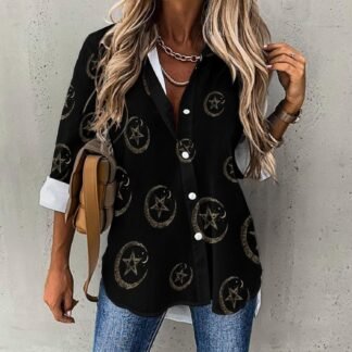 Wicca Moon Symbol Vintage Pagan Novelty Womens Button Down Shirts Casual Long Sleeve Blouses V-Neck Tops - lunas-mystic-emporium.com Wicca Moon Symbol Vintage Pagan Novelty Women's Button Down Shirts Casual Long Sleeve Blouses V-Neck Tops