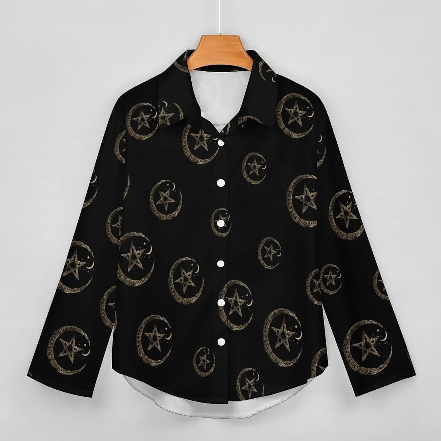 Wicca Moon Symbol Vintage Pagan Novelty Womens Button Down Shirts Casual Long Sleeve Blouses V-Neck Tops - lunas-mystic-emporium.com Wicca Moon Symbol Vintage Pagan Novelty Women's Button Down Shirts Casual Long Sleeve Blouses V-Neck Tops