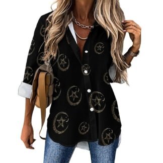 Wicca Moon Symbol Vintage Pagan Novelty Women's Button Down Shirts Casual Long Sleeve Blouses V-Neck Tops