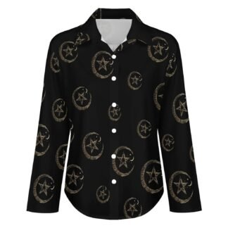 Wicca Moon Symbol Vintage Pagan Novelty Womens Button Down Shirts Casual Long Sleeve Blouses V-Neck Tops - lunas-mystic-emporium.com Wicca Moon Symbol Vintage Pagan Novelty Women's Button Down Shirts Casual Long Sleeve Blouses V-Neck Tops