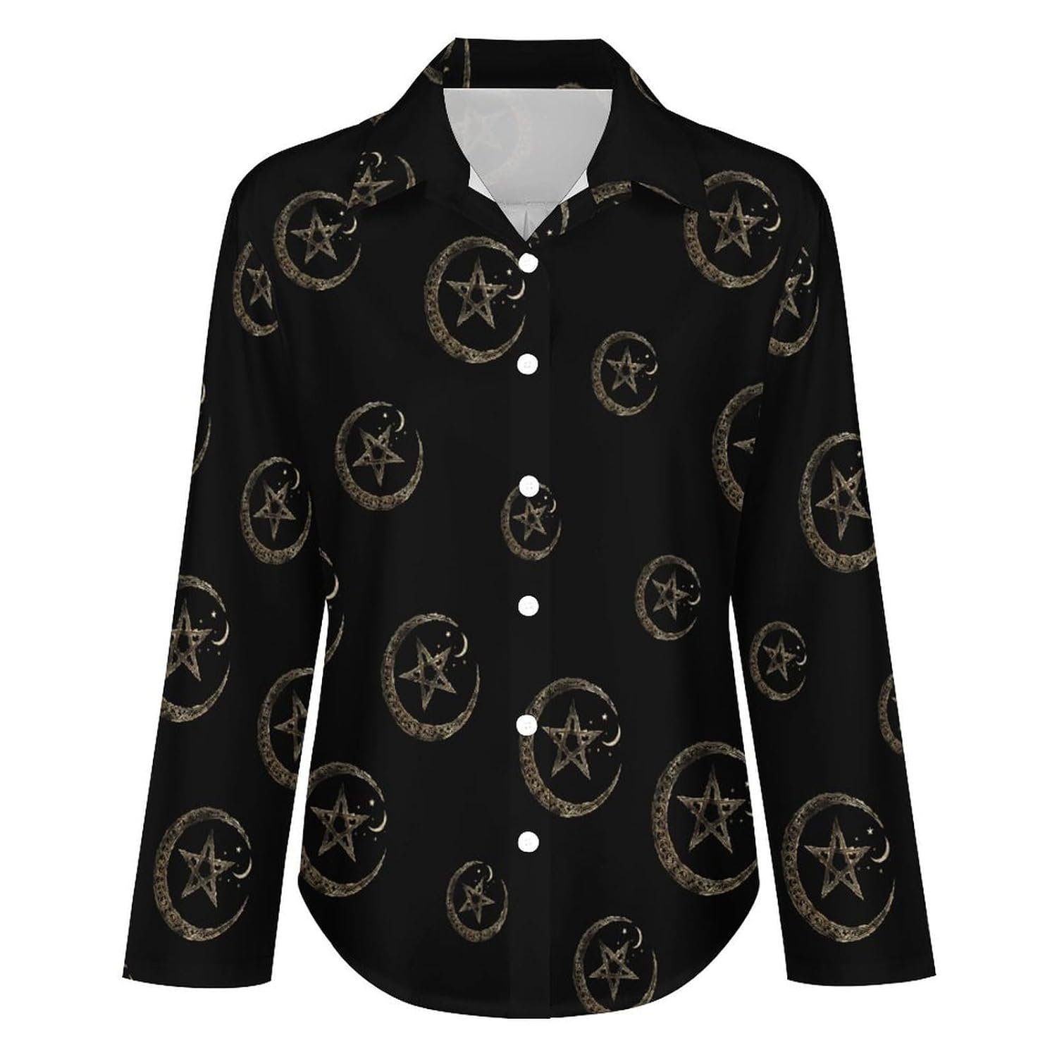 Wicca Moon Symbol Vintage Pagan Novelty Womens Button Down Shirts Casual Long Sleeve Blouses V-Neck Tops - lunas-mystic-emporium.com Wicca Moon Symbol Vintage Pagan Novelty Women's Button Down Shirts Casual Long Sleeve Blouses V-Neck Tops