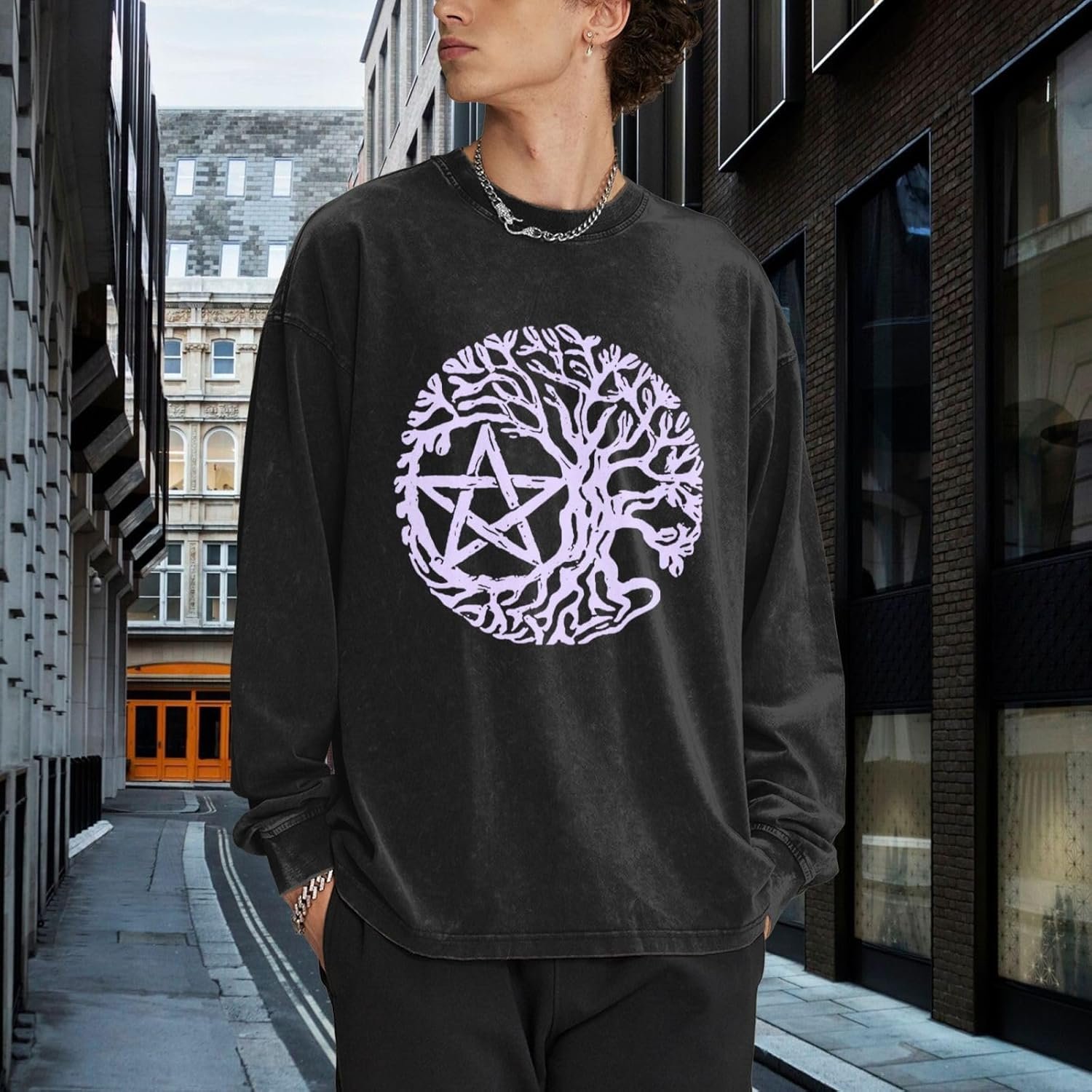 Wiccan Pagan Sacred Mens Crew Neck Long-Sleeved T-Shirt Tops - lunas-mystic-emporium.com Wiccan & Pagan Sacred Men's Crew Neck Long-Sleeved T-Shirt Tops