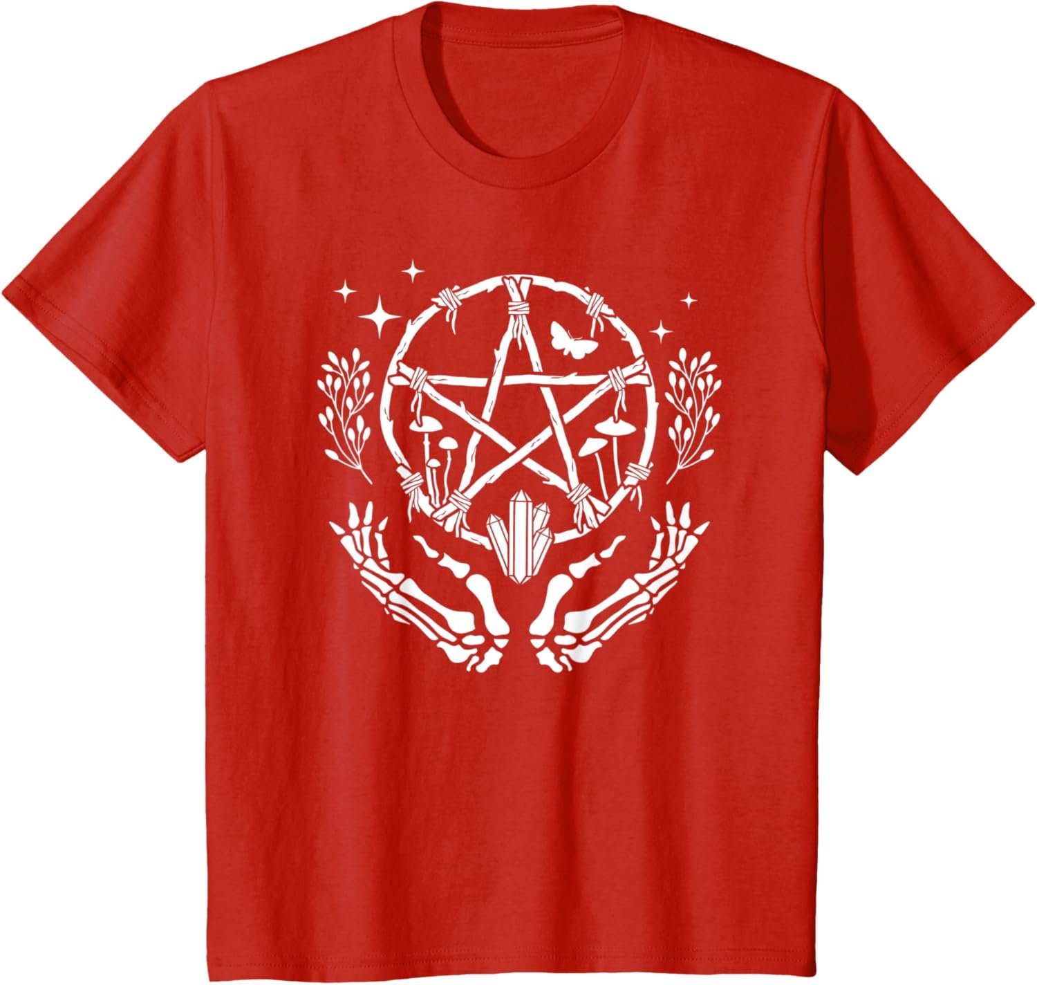 Wiccan Pentacle Wreath With Skeleton Hands And Crystals T-Shirt - lunas-mystic-emporium.com Wiccan Pentacle Wreath With Skeleton Hands And Crystals T-Shirt
