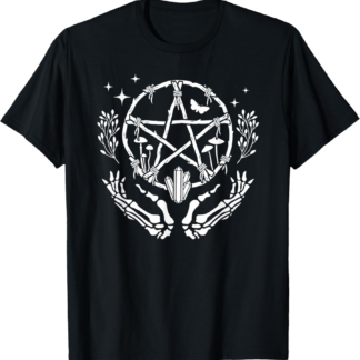 Wiccan Pentacle Wreath With Skeleton Hands And Crystals T-Shirt