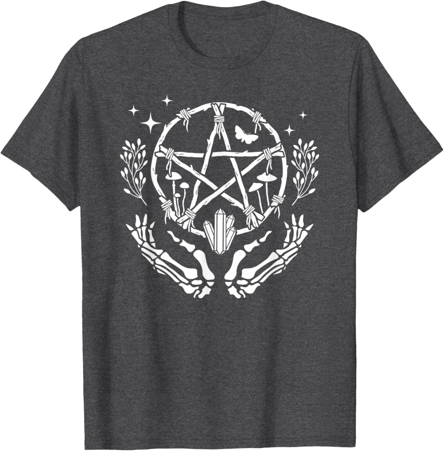 Wiccan Pentacle Wreath With Skeleton Hands And Crystals T-Shirt - lunas-mystic-emporium.com Wiccan Pentacle Wreath With Skeleton Hands And Crystals T-Shirt
