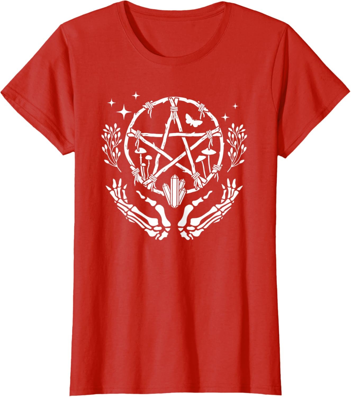 Wiccan Pentacle Wreath With Skeleton Hands And Crystals T-Shirt - lunas-mystic-emporium.com Wiccan Pentacle Wreath With Skeleton Hands And Crystals T-Shirt