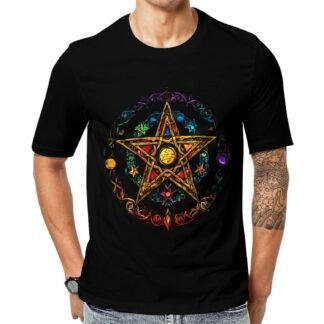 Wiccan Pentagram Witchcraft Magic Pagan Star Mens Graphic Tees Vintage Crewneck Short Sleeve T-Shirt Casual Streetwear Top