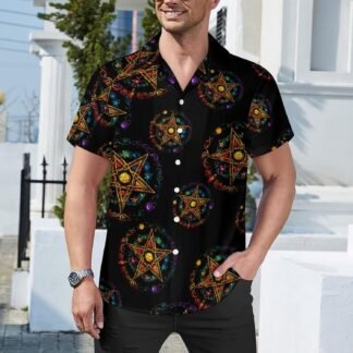 Wiccan Pentagram Witchcraft Magic Pagan Star Mens Guayabera Shirt Short Sleeve Button Down Shirts Beach Wedding Vacation Tops