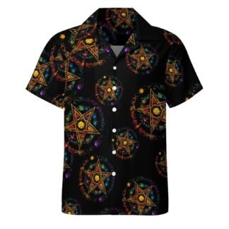 Wiccan Pentagram Witchcraft Magic Pagan Star Mens Guayabera Shirt Short Sleeve Button Down Shirts Beach Wedding Vacation Tops
