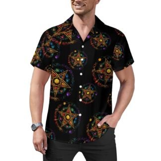 Wiccan Pentagram Witchcraft Magic Pagan Star Mens Guayabera Shirt Short Sleeve Button Down Shirts Beach Wedding Vacation Tops