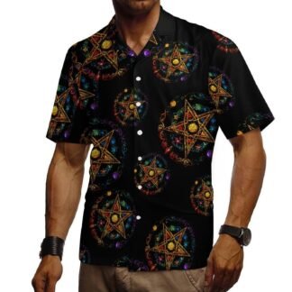 Wiccan Pentagram Witchcraft Magic Pagan Star Mens Guayabera Shirt Short Sleeve Button Down Shirts Beach Wedding Vacation Tops