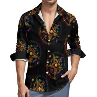 Wiccan Pentagram Witchcraft Magic Pagan Star Mens Shirt Long Sleeve Button-Up Printed Shirts Casual Hawaii Beach Tops