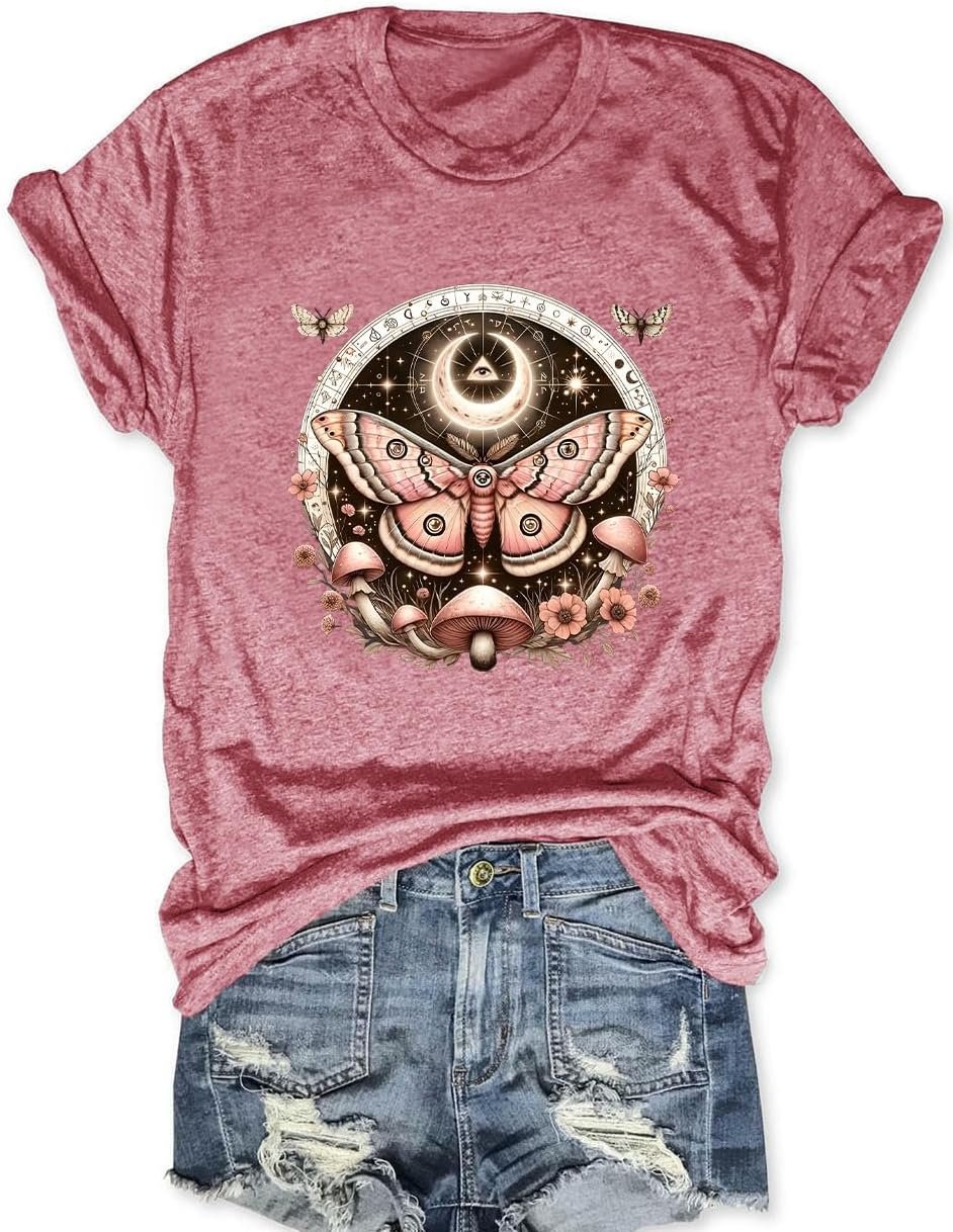 Women Vintage Moth T Shirts Mystical Moon Cottagecore Shirts Funny Witchy Graphic Tees Short Sleeve Tops - lunas-mystic-emporium.com Women Vintage Moth T Shirts Mystical Moon Cottagecore Shirts Funny Witchy Graphic Tees Short Sleeve Tops
