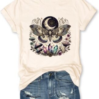 Women Vintage Moth T Shirts Mystical Moon Cottagecore Shirts Funny Witchy Graphic Tees Short Sleeve Tops