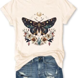 Women Vintage Moth T Shirts Mystical Moon Cottagecore Shirts Funny Witchy Graphic Tees Short Sleeve Tops