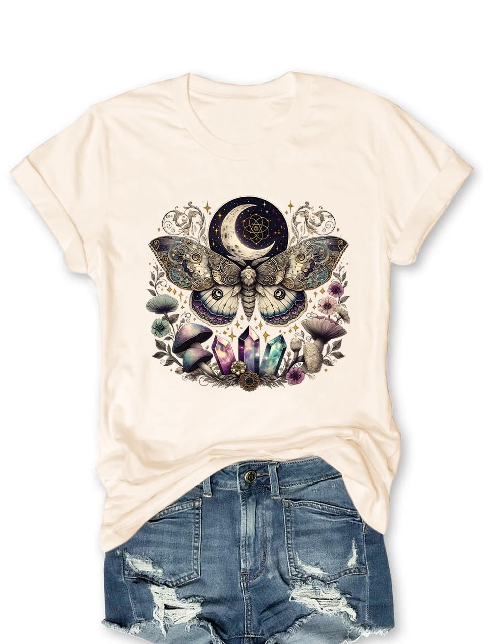 Women Vintage Moth T Shirts Mystical Moon Cottagecore Shirts Funny Witchy Graphic Tees Short Sleeve Tops - lunas-mystic-emporium.com Women Vintage Moth T Shirts Mystical Moon Cottagecore Shirts Funny Witchy Graphic Tees Short Sleeve Tops