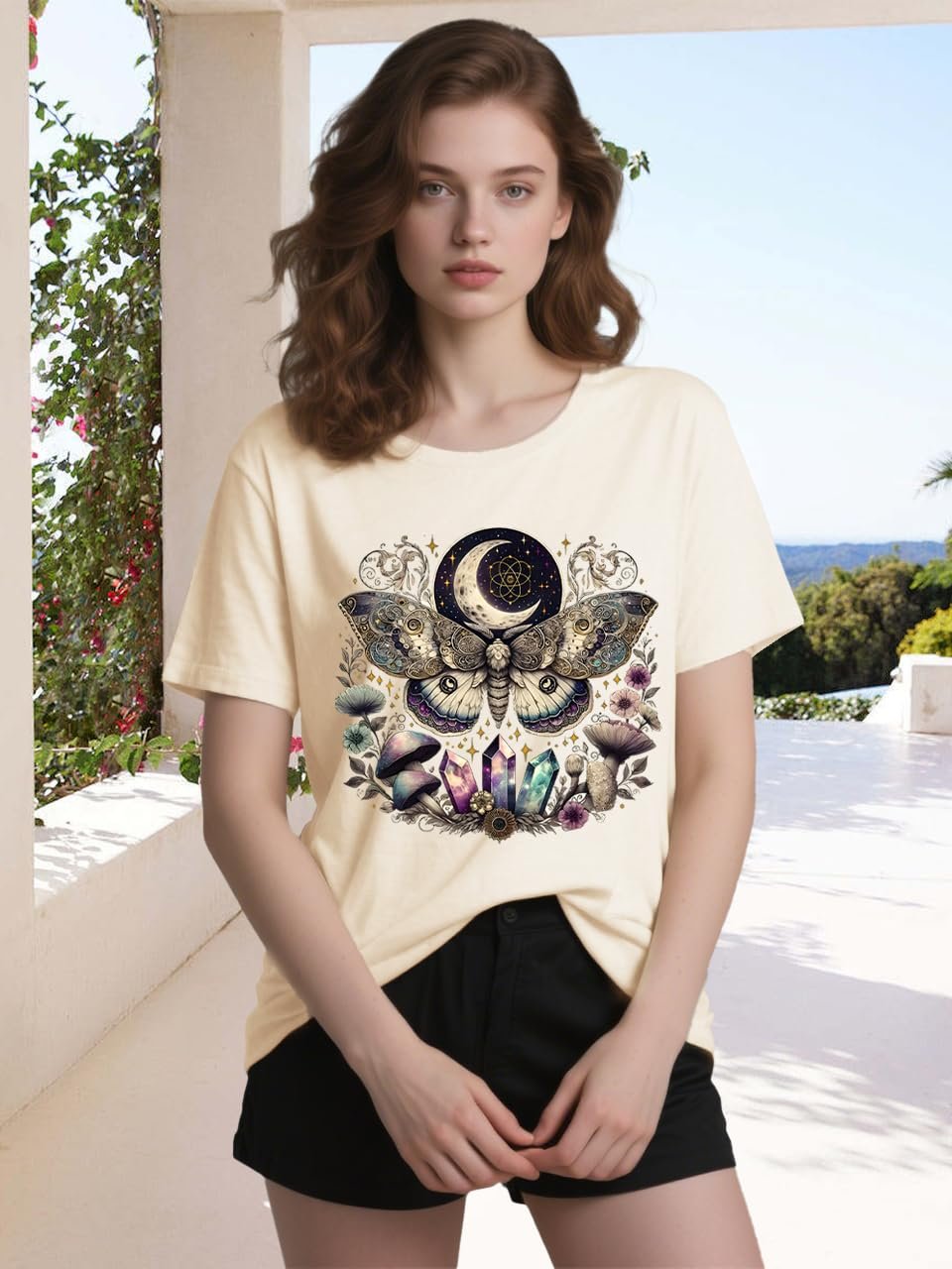 Women Vintage Moth T Shirts Mystical Moon Cottagecore Shirts Funny Witchy Graphic Tees Short Sleeve Tops - lunas-mystic-emporium.com Women Vintage Moth T Shirts Mystical Moon Cottagecore Shirts Funny Witchy Graphic Tees Short Sleeve Tops