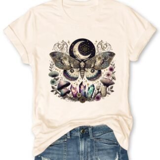 Women Vintage Moth T Shirts Mystical Moon Cottagecore Shirts Funny Witchy Graphic Tees Short Sleeve Tops