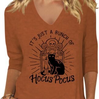 Women's Fall Halloween 3/4 Sleeve V Neck Shirt Vintage Hocus Focus Graphic Tee Funny Family Party Matching Holiday Tops