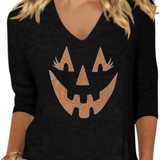 Women's Fall Halloween 3/4 Sleeve V Neck Shirt Vintage Hocus Focus Graphic Tee Funny Family Party Matching Holiday Tops