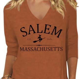 Women's Fall Halloween 3/4 Sleeve V Neck Shirt Vintage Hocus Focus Graphic Tee Funny Family Party Matching Holiday Tops