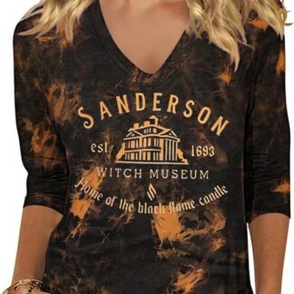 Women's Fall Halloween 3/4 Sleeve V Neck Shirt Vintage Hocus Focus Graphic Tee Funny Family Party Matching Holiday Tops