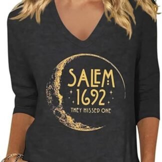 Women's Fall Halloween 3/4 Sleeve V Neck Shirt Vintage Hocus Focus Graphic Tee Funny Family Party Matching Holiday Tops