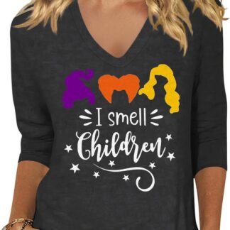 Women's Fall Halloween 3/4 Sleeve V Neck Shirt Vintage Hocus Focus Graphic Tee Funny Family Party Matching Holiday Tops