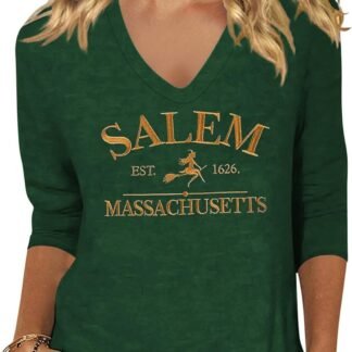 Women's Fall Halloween 3/4 Sleeve V Neck Shirt Vintage Hocus Focus Graphic Tee Funny Family Party Matching Holiday Tops