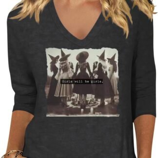 Women's Fall Halloween 3/4 Sleeve V Neck Shirt Vintage Hocus Focus Graphic Tee Funny Family Party Matching Holiday Tops