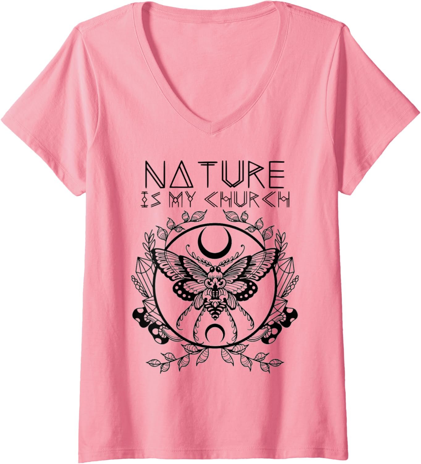 Womens Nature Is My Church Moon Moth Witchcraft Wiccan Witch V-Neck T-Shirt - lunas-mystic-emporium.com Womens Nature Is My Church Moon Moth Witchcraft Wiccan Witch V-Neck T-Shirt
