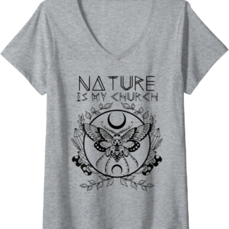 Womens Nature Is My Church Moon Moth Witchcraft Wiccan Witch V-Neck T-Shirt