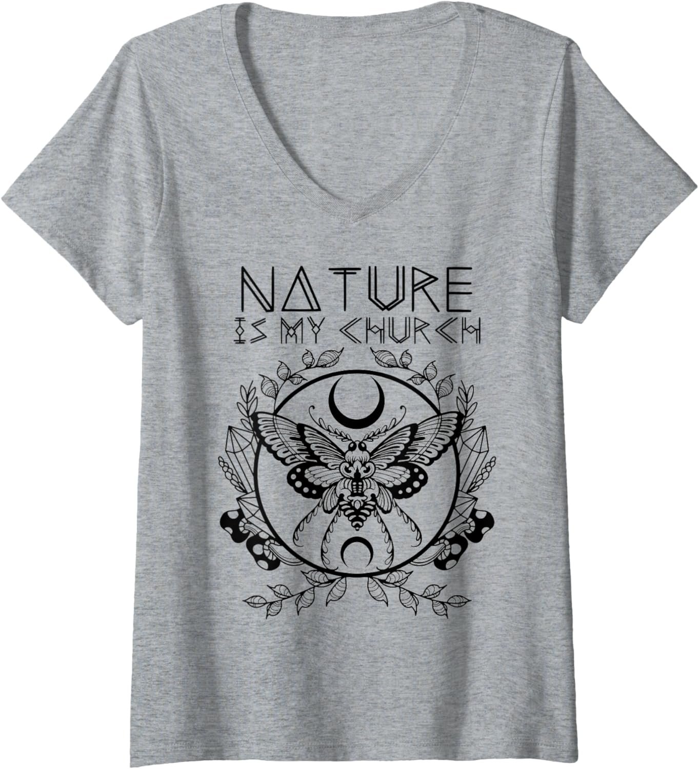 Womens Nature Is My Church Moon Moth Witchcraft Wiccan Witch V-Neck T-Shirt - lunas-mystic-emporium.com Womens Nature Is My Church Moon Moth Witchcraft Wiccan Witch V-Neck T-Shirt