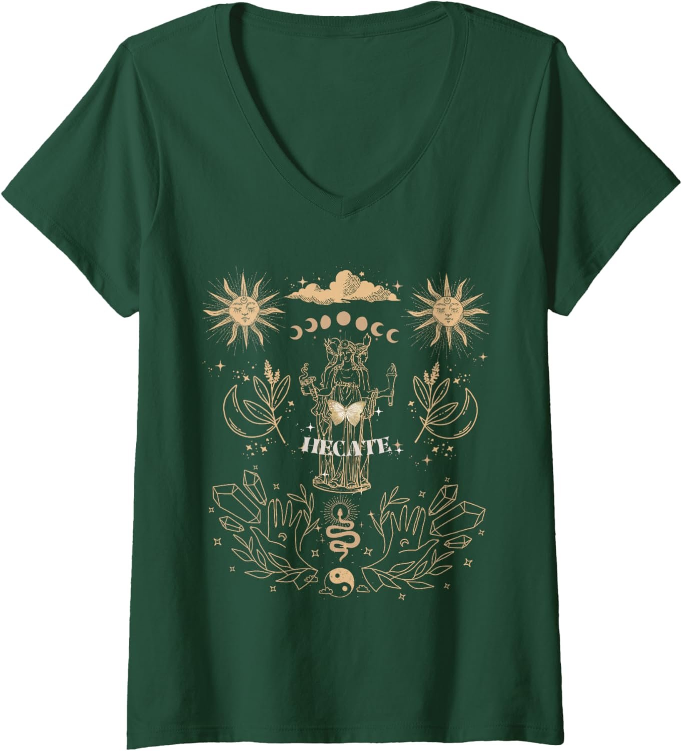 Womens Triple Moon Goddess Hecate Tarot Card Wiccan Pagan Witch V-Neck T-Shirt - lunas-mystic-emporium.com Womens Triple Moon Goddess Hecate Tarot Card Wiccan Pagan Witch V-Neck T-Shirt
