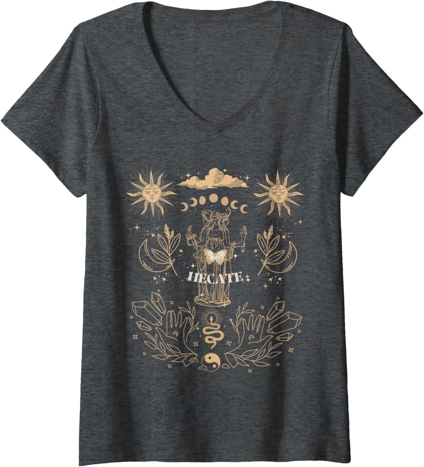 Womens Triple Moon Goddess Hecate Tarot Card Wiccan Pagan Witch V-Neck T-Shirt - lunas-mystic-emporium.com Womens Triple Moon Goddess Hecate Tarot Card Wiccan Pagan Witch V-Neck T-Shirt