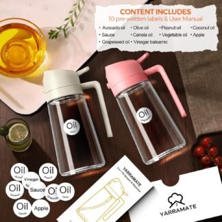 YARRAMATE 16oz/470ml Glass Olive Oil Sprayer for Cooking with Stickers, 2 in 1 Oil Dispenser for Kitchen Gadgets, Food Grade Premium Spray Bottle for Salad, Frying, BBQ (Creamy...