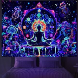 Yuiqear Blacklight Chakra Yoga Meditation Tapestry Mushroom Flower Wall Backdrop UV Reactive Mandala Tapestries Galaxy Space Jellyfish Tapestry Wall Hanging for Bedroom
