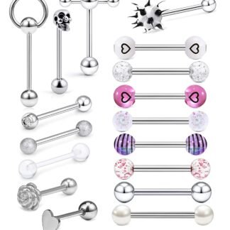 14G Surgical Steel Tongue Rings for Women Men Acrylic Clear Tongue Piercing Jewelry Teaser Slave Ring Skull/Flower/Silicone Soft Spike Ball/CZ/Door Knocker/Pill Tongue Barbell...