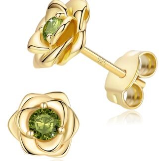 14K Gold Plated 925 Sterling Silver Post Rose Flower Stud Earrings for Women Birthstone Cubic Zirconia Studs Earrings Hypoallergenic & Nickel Free Jewelry