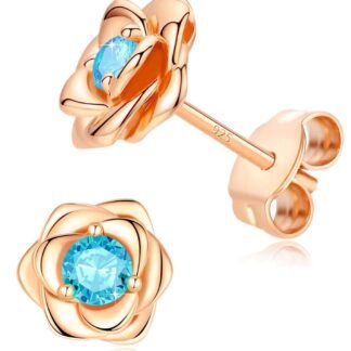 14K Gold Plated 925 Sterling Silver Post Rose Flower Stud Earrings for Women Birthstone Cubic Zirconia Studs Earrings Hypoallergenic & Nickel Free Jewelry