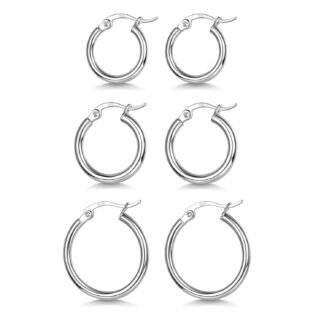 3 Pairs 925 Sterling Silver Hoop Earrings | Small White Gold Plated Hoop Earrings for Women (13mm,15mm,20mm，25mm,30mm,40mm,50mm,60mm)