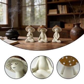 3 Pcs Ceramic Meditation Mushroom Figurines Set, Cute Yoga Mushroom Decor Statues for Desk, Home Office, Living Room & Garden, Unique Tabletop Ornament for Mushroom Lovers