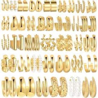 36 Pairs Gold Hoop Earrings Set for Women, Fashion Chunky Gold Hoop Earrings Multipack, Hypoallergenic Pearl Chain Twisted Statement Earring Pack for Birthday Party Jewelry