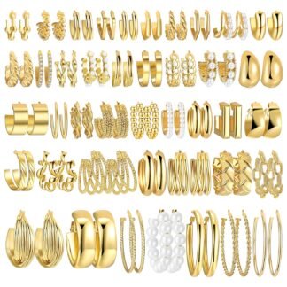 42 Pairs Gold Hoop Earrings Set for Women, Fashion Chunky Pearl Earrings Multipack Twisted Statement Earring Pack, Hypoallergenic Small Big Hoops Earrings for Birthday Party